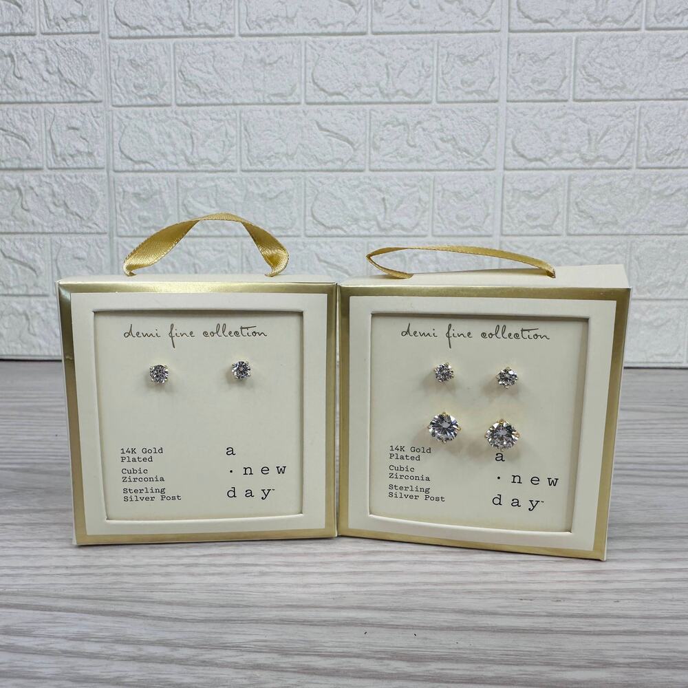 A New Day Demi Fine Earring Bundle 14K Gold Plated CZ Studs Sterling Silver Post